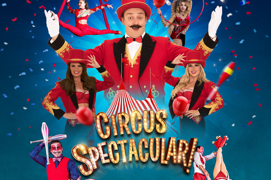 Circus poster with a ringmaster in a red coat, performers juggling, and acrobats. A lively, festive atmosphere with a blue background and confetti.