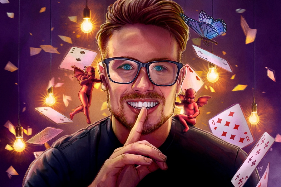 A man with glasses smiling, holding a finger to his lips amidst floating playing cards, small red creatures, a butterfly, and glowing lightbulbs, creating a whimsical, magical atmosphere.