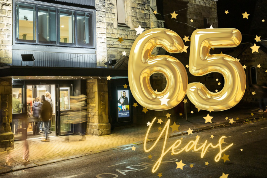 Civic Theatre entrance at night with 65 years overlay